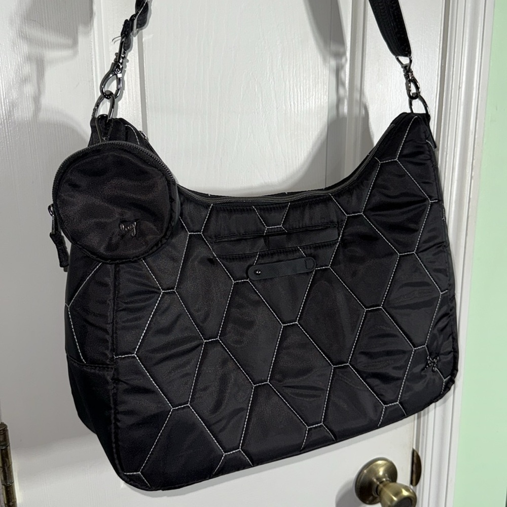 Lug Winger Black Hobo Bag With Silver/Geo Grid Flora Grey Large Crossbody Bag - Picture 2 of 14